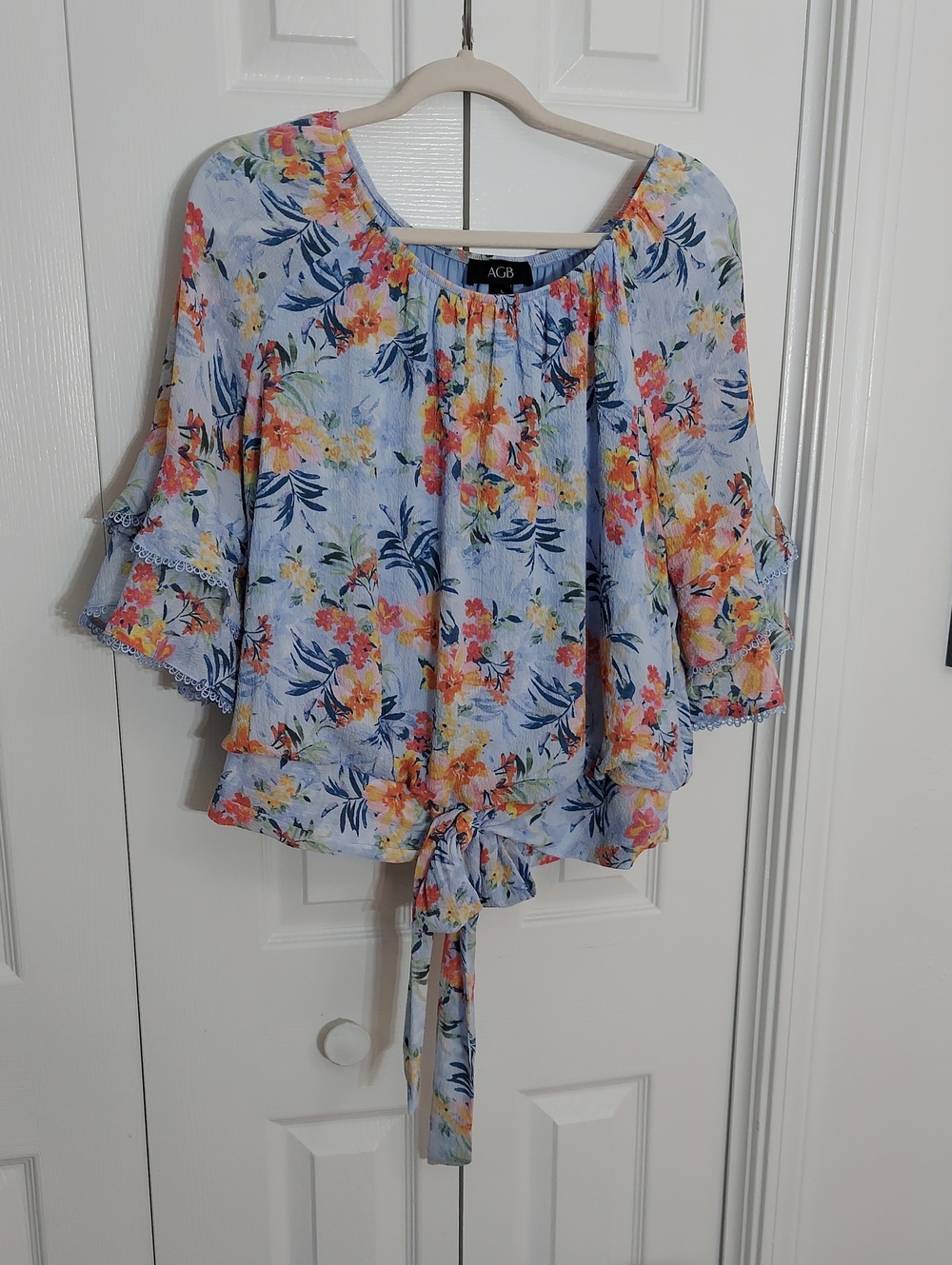 AGB Top, Size L, Blue Blouse, Off Shoulder, Tie Hem, Flutter Sleeves